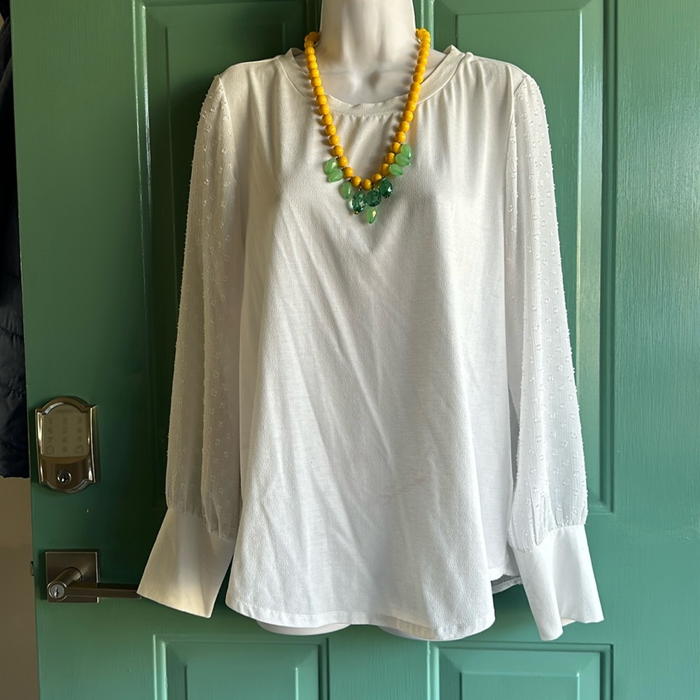 Skies are Blue white shirt with a sheer button down back and sheer sleeves Large